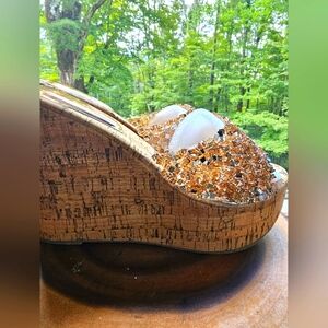 Gold and Tan Wedge Sandals